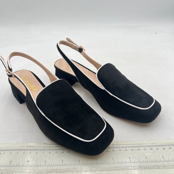 YDN Black Square Toe Block Low Heels Slingback Formal Loafer Dressy Shoes Pump - Picture 4 of 8
